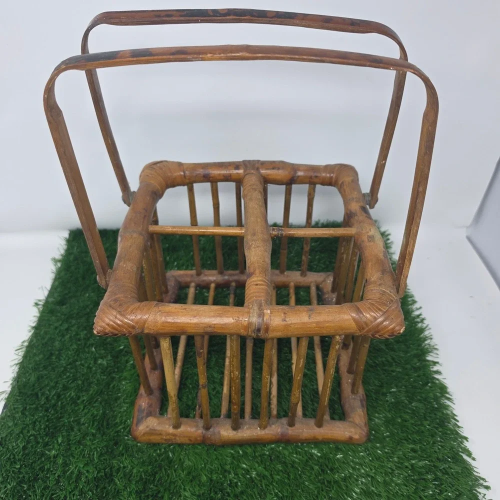 Vintage Bamboo Rattan Wine Bottle Carrier Caddy 4 Bottle Holder  Boho